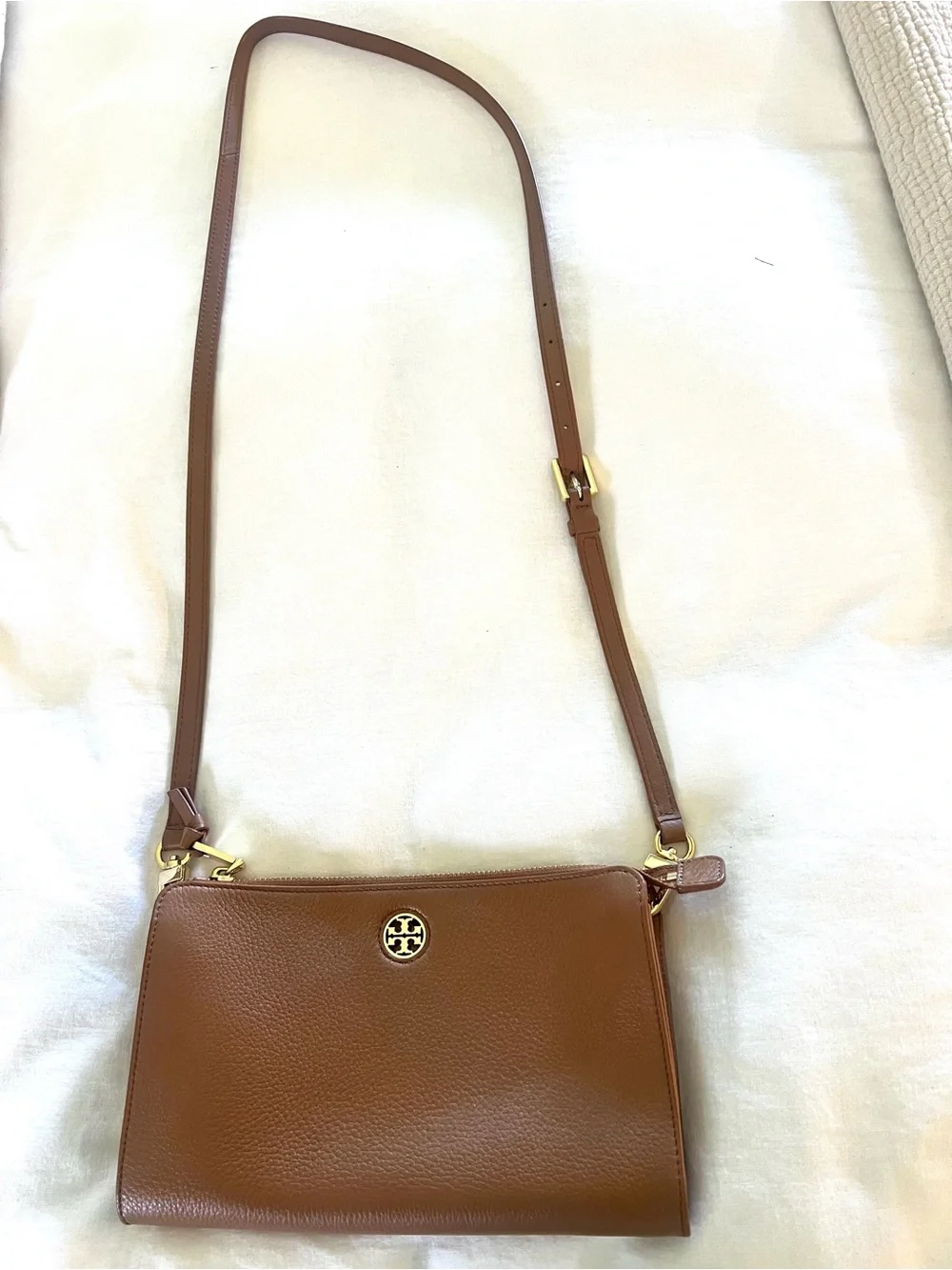 Tory Burch Brown Pebbled Leather Crossbody with Gold Logo